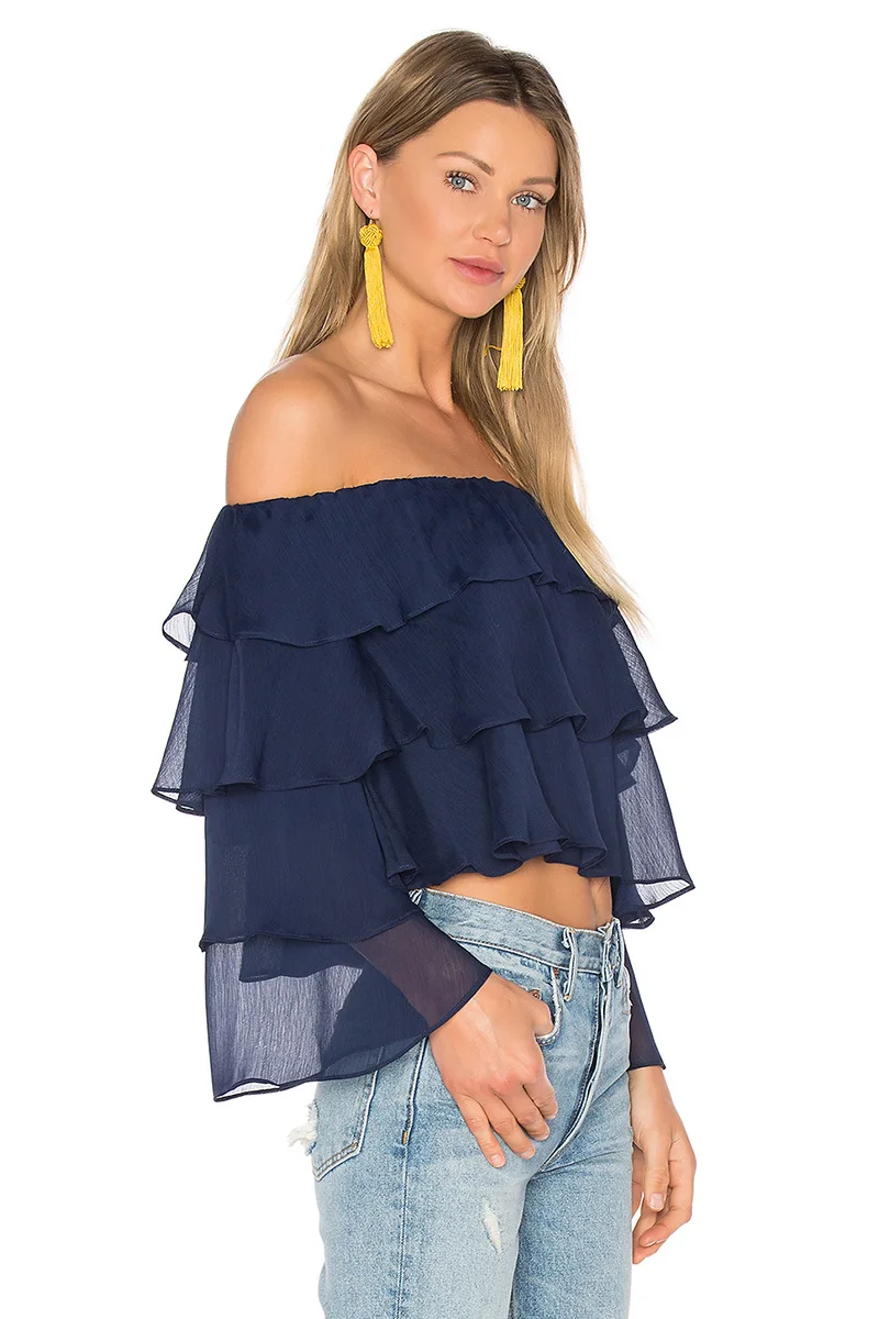 Slash шеи Sexy шифон Топы корректирующие с открытыми плечами оборками Лоскутная