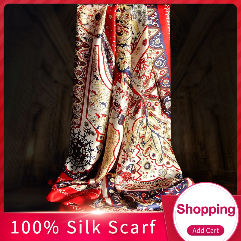 

100% Real Silk Square Scarf Women Print Pure Silk Bandana Shawls Bufandas Natural Silk Headscarf Large Size Echarpe Femme
