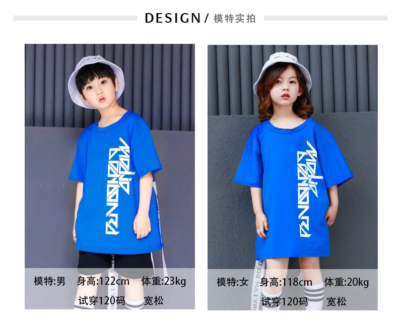 

Korean Blue Letter Hip Hop Street T Shirt And Short Girls Boys Two Piece Set For Summer Plus Size