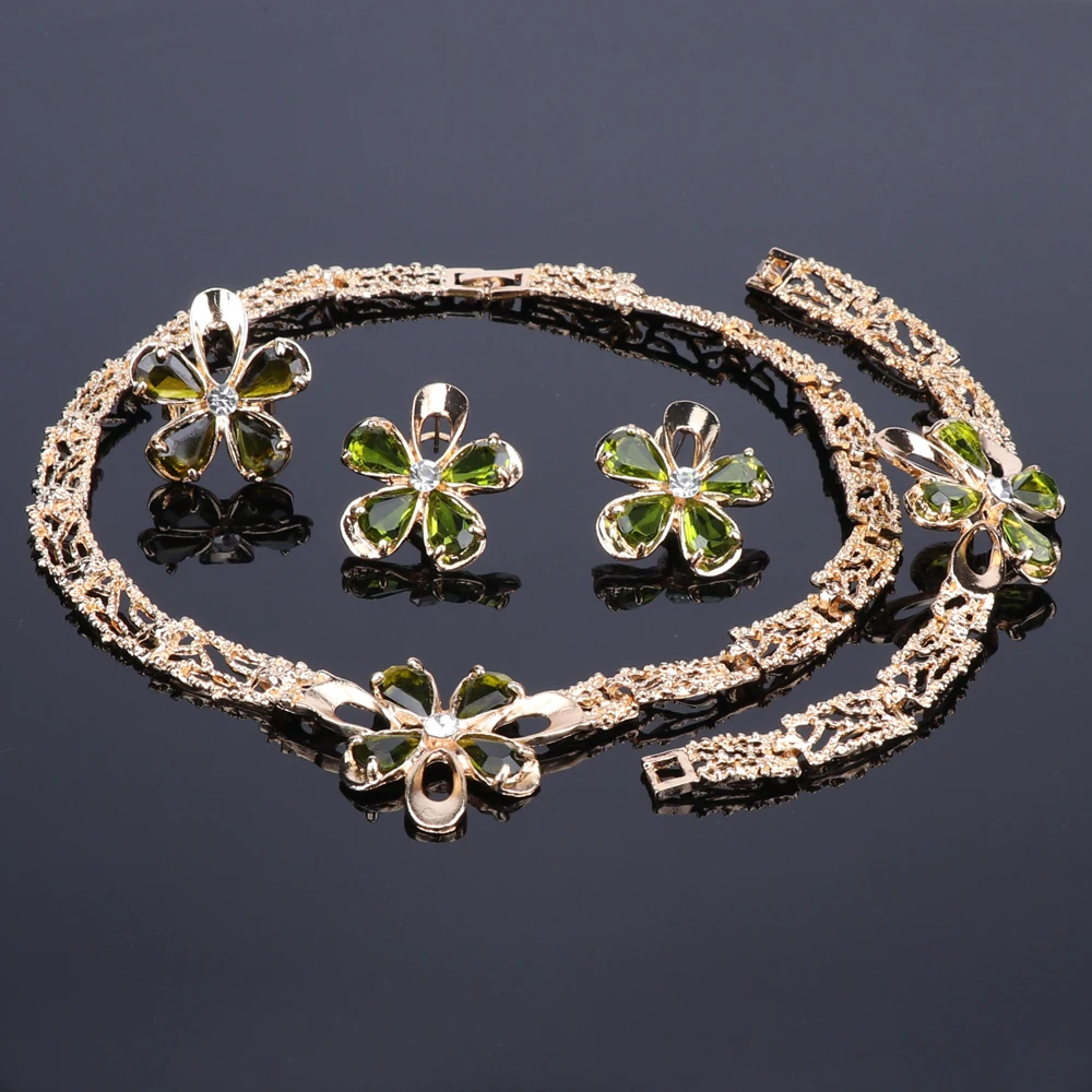 African Jewelry Set Gold Color Purple/Green Zircon Austrian Crystal Women Wedding Necklace Bracelet Earring Ring | Украшения и