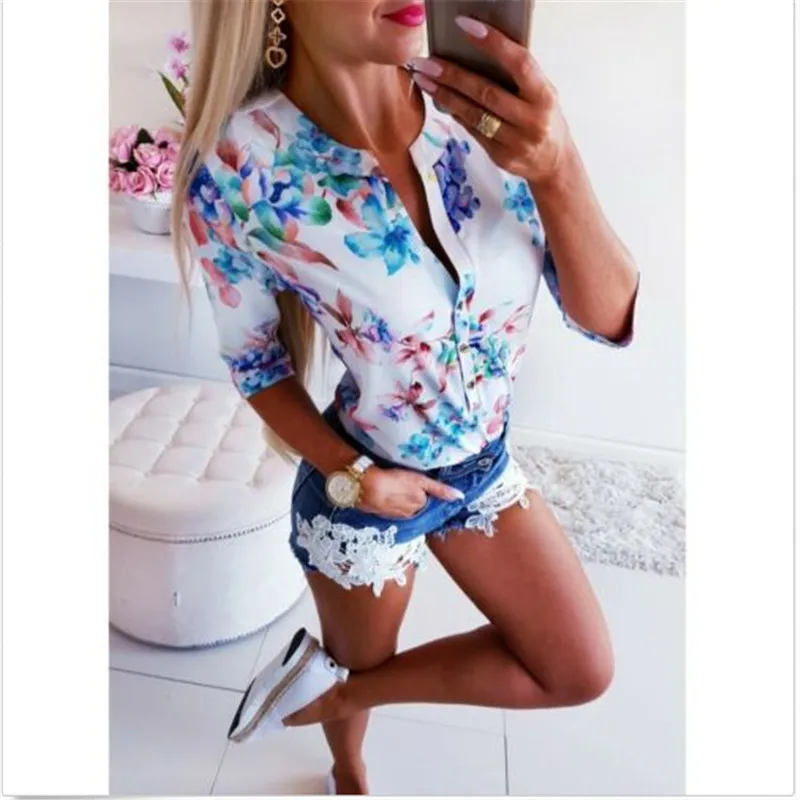 

Fashion Blouse Women Long 3/4 Sleeve Loose Tops OL Ladies Plain Casual Button Blouse Womens Tops And Blouses V-neck