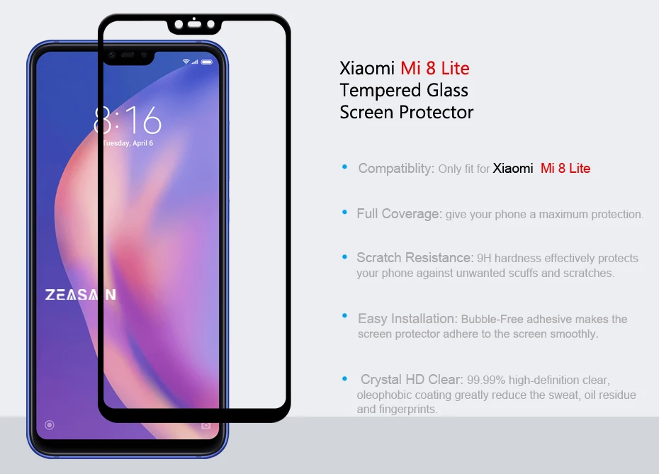 2 шт. в упаковке, Оригинальная защитная пленка ZEASAIN для Xiaomi mi 8 Lite mi 8 Lite, ультратонкое защитное стекло 9H