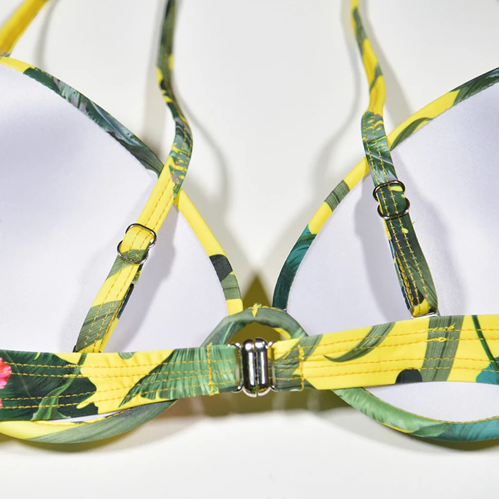 Женский пляжный летний комплект бикини с цветочным принтом и желтым однотонным