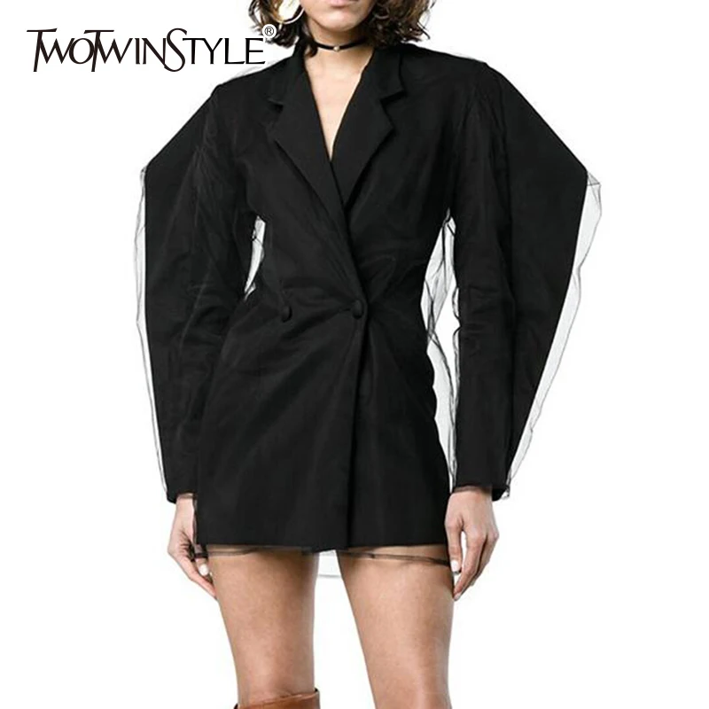 TWOTWINSTYLE сетчатый Плетеный Блейзер женские кружевные буфы на рукавах двубортная