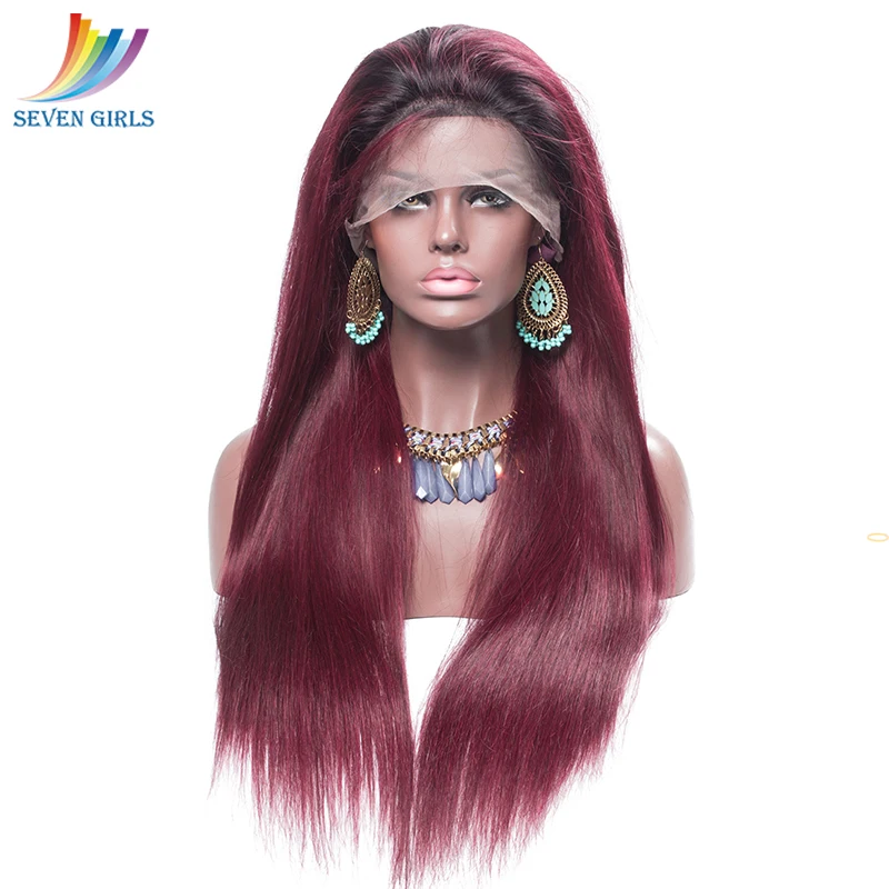 Sevengirls Glueless Ombre Цвет 1B/99J предварительно выщипанные полностью кружевные человеческие волосы парики с детскими волосами малазийские прямые девственные волосы