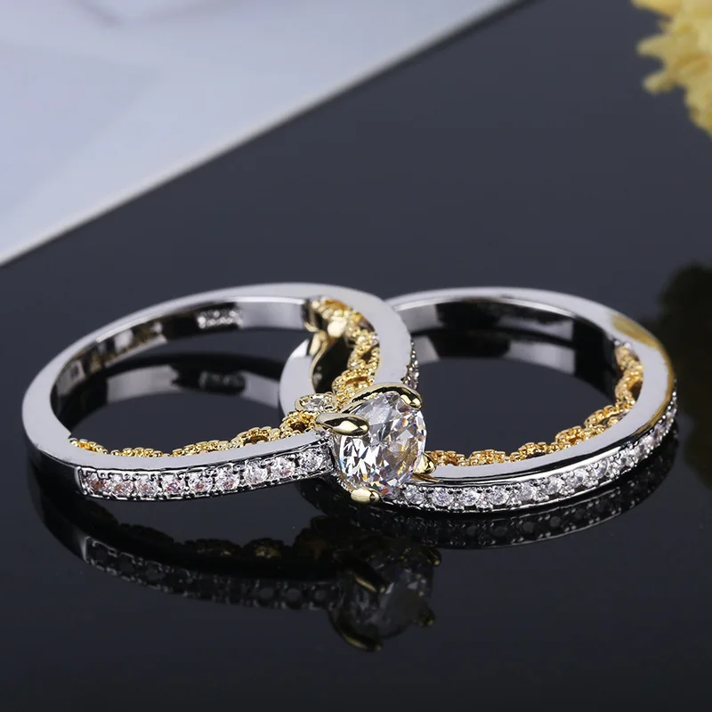 

NEW Design Vintage Gold Color Luxury 2 Rounds Bijoux Plata Wedding Ring Set Cubic Zirconia Jewelry For Women Men