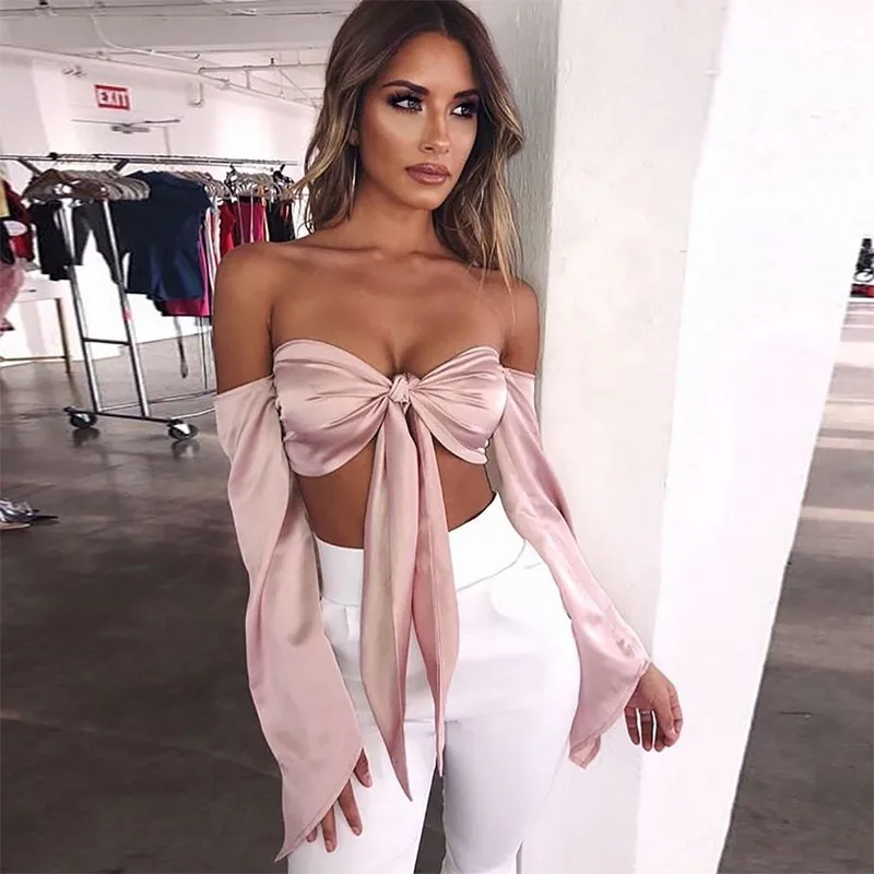 Женский атласный укороченный топ DRESSMECB с бантом и поясом открытой спиной