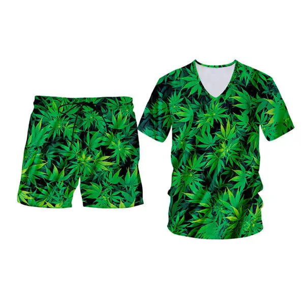 V-neck tee 2 sets Новинка, 3d топы с принтом зеленых сорняков и листьев+ шорты, мужские комплекты, летняя футболка без рукавов для фитнеса, толстовка с капюшоном и шорты, комплекты на заказ, S-6XL - Цвет: V-neck tee 2 sets