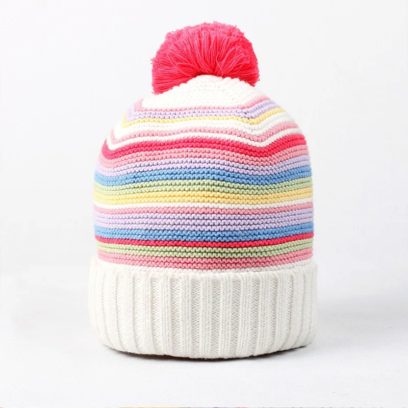 Rainbow Stripe Baby Beanies Warm Hat Winter Thick Crochet Cotton Infant Girls Caps High Quality Comfortable with Pompom 2019 New | Детская