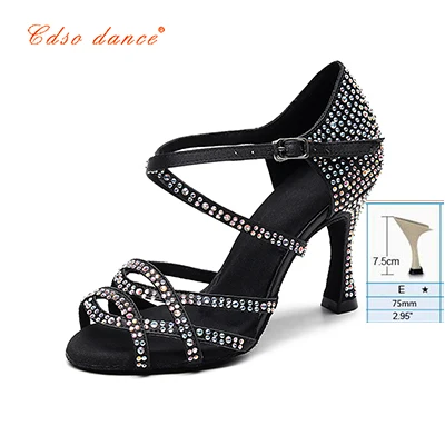Black 7.5cm heel Cdsodance female black satin Latin dance shoes women's Rhinestones Salsa party Wedding shoes10cm high heeled soft outsole - Цвет: Black 7.5cm heel