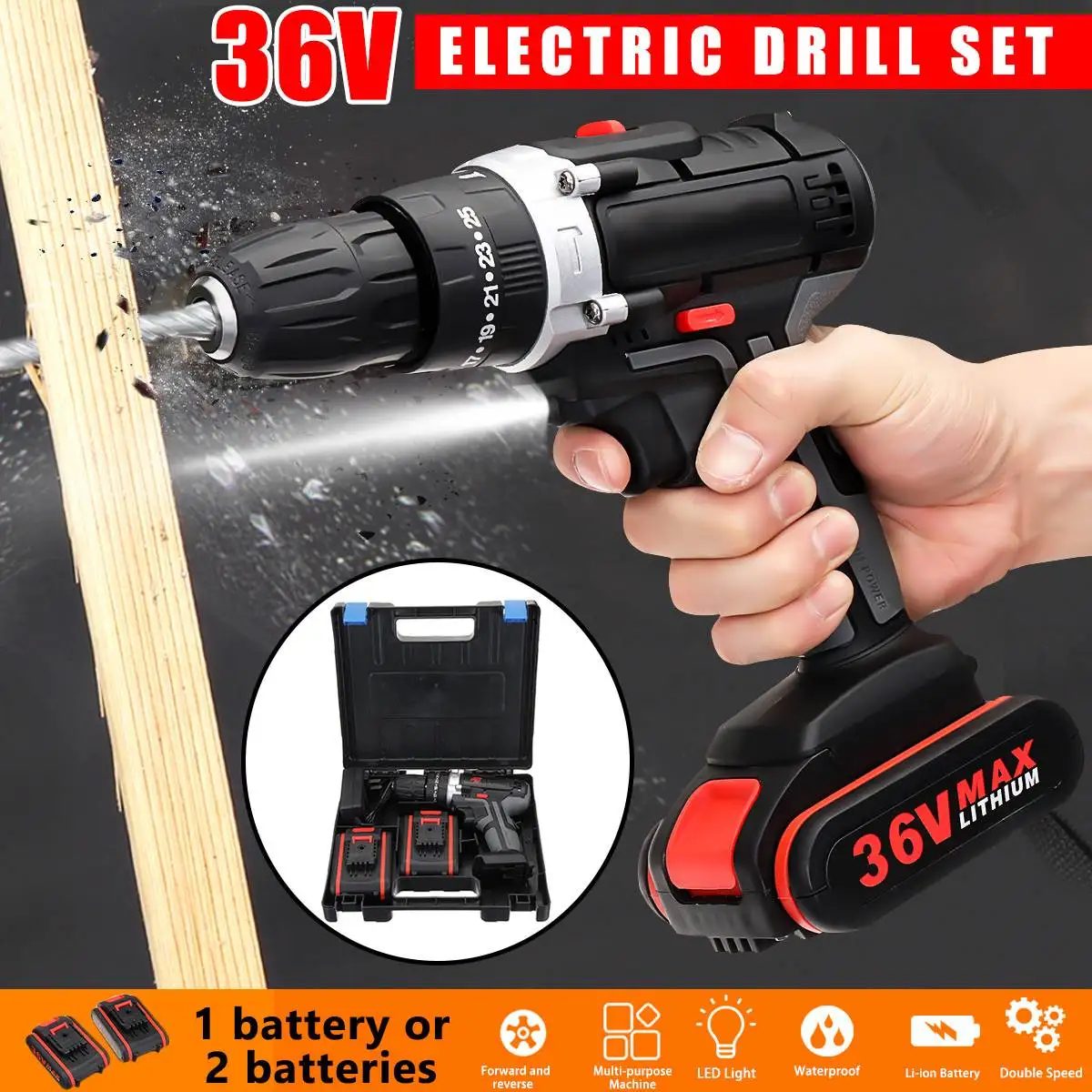 

3 in 1 36V Electric Cordless Drill Power Driver Lithium-Ion Battery Rechargable Screwdriver Drill Machine 18+1 Torque Power Tool