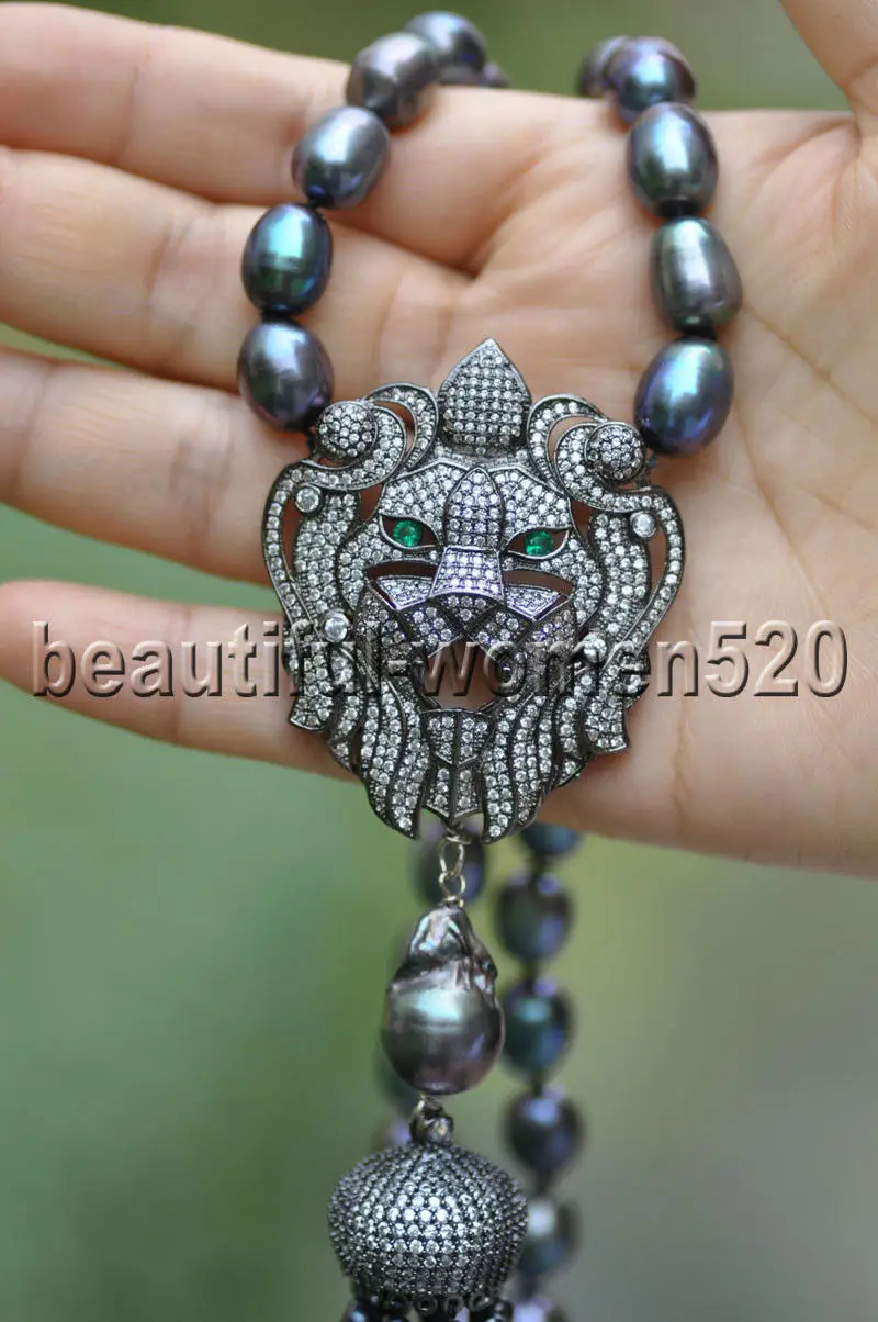 

X0603 White & Black Rice Pearl Necklace Lion CZ Pave Pendant & tassels 24inch