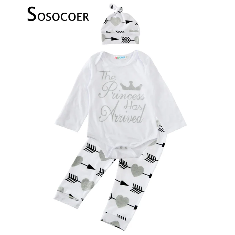 

SOSOCOER Baby Clothing Sets Unisex Autumn Crown Long Sleeve Romper+Arrow Heart Pants+Hat Cap 3pcs Princess Boy Girl Clothes Set