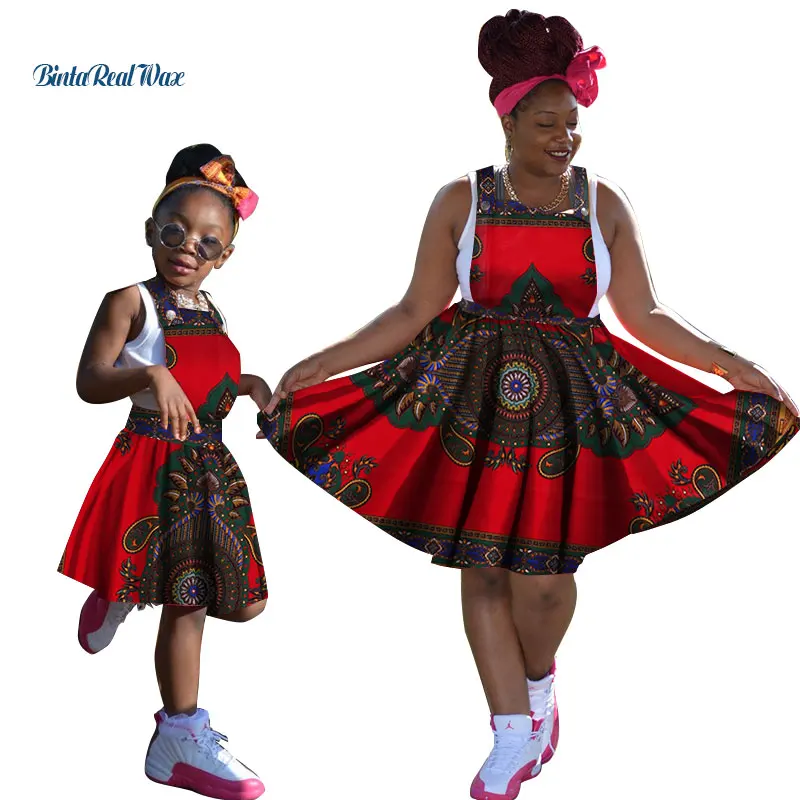 Casual Bazin Riche Mom and Daughter Clothes Strap Dress Dashiki African Print Dresses for Women African Women Clothing WYQ110
