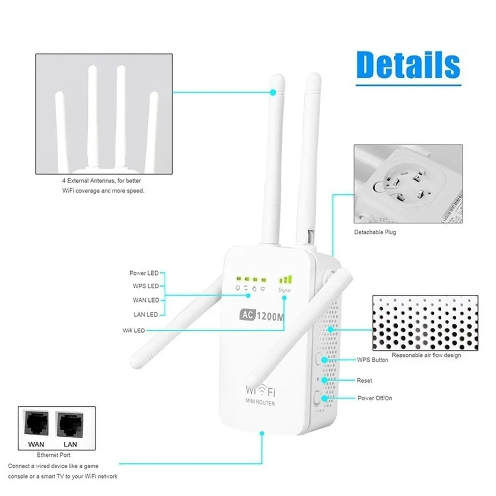 300/1200 Мбит/с двухдиапазонный 2,4/5G 4-антенны Wi-Fi расширитель диапазона Wi-Fi ретранслятор Беспроводной Wi-Fi маршрутизатор домашней сети по поставке товаров для дома