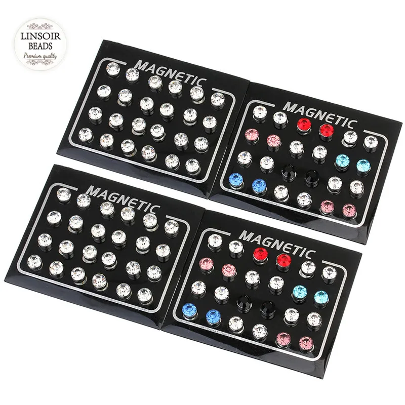 LINSOIR 12 Pair/lot 4/5/6/7mm Round Crystal Rhinestone Magnet Stud Earring Puck Womens Mens Magnetic Fake Ear Plug Jewelry | Украшения и