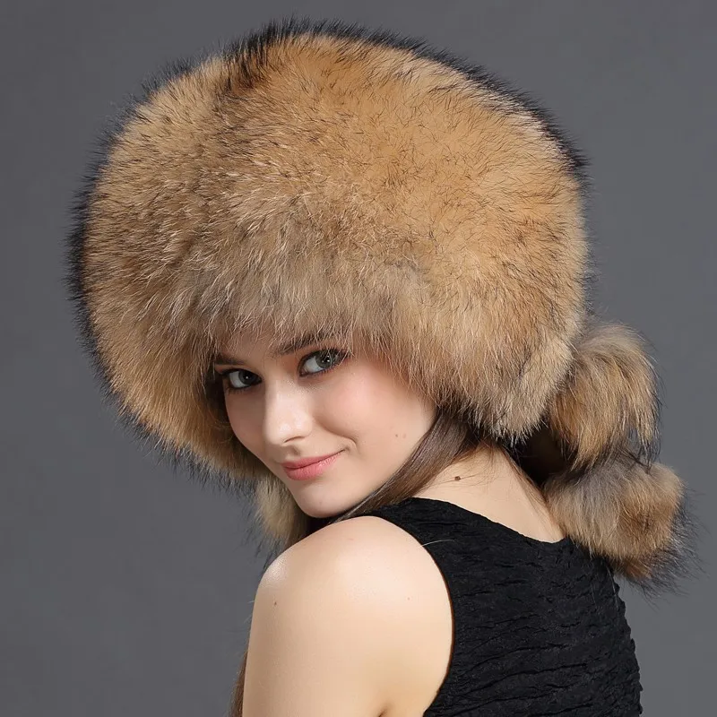 Зимняя женская меховая шапка, новинка, шапки-ушанки из натурального меха енота, шапка-ушанка, натуральная меховая шапка с помпоном, Русская Шапка-ушанка для мужчин и женщин