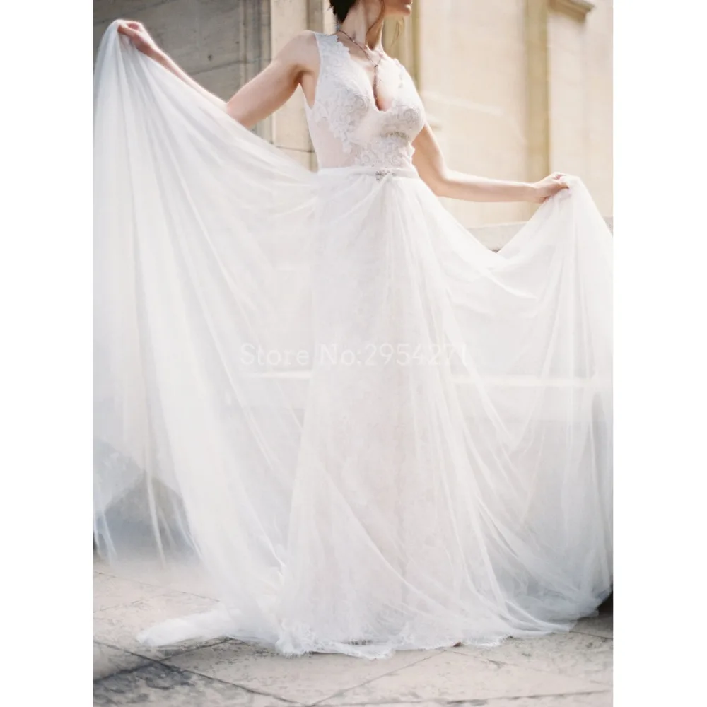 Vestido De Noiva A Line Свадебные платья Тюль Кружева Глубокий v образный вырез открытая