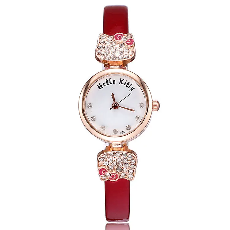 Cute hello kitty leather strap woman watches 2015 quartz fashion analog rose gold plated charm rhinestone watch ladies 5 colors | Наручные