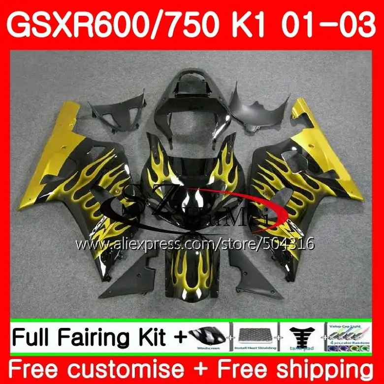 

Body For SUZUKI GSX-R600 GSXR 600 GSXR Gold flames 750 01 03 GSX-R750 29SH18 K1 GSXR750 01 02 03 GSXR600 2001 2002 2003 Fairing