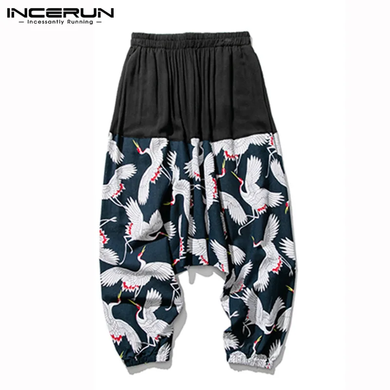 INCERUN Men Harem Pants Print Elastic Waist Drop Crotch Pants Joggers Hip-hop Retro Chinese Style Loose Cotton Trousers Men