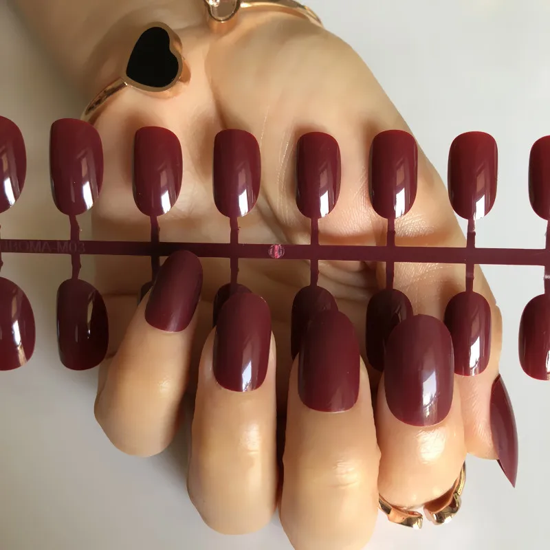 

Round Natural False Nails Glitter Deep Coffee French Nail Short Round Size Manicure Tips 24pcs