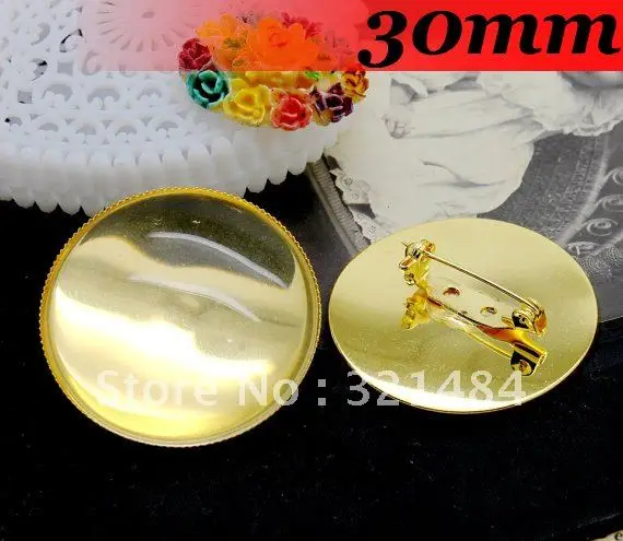 

Free ship!30mm 200PCS Gold Plated Round Cameo Cabochon Setting Brooches brooch base blanks trays bezel