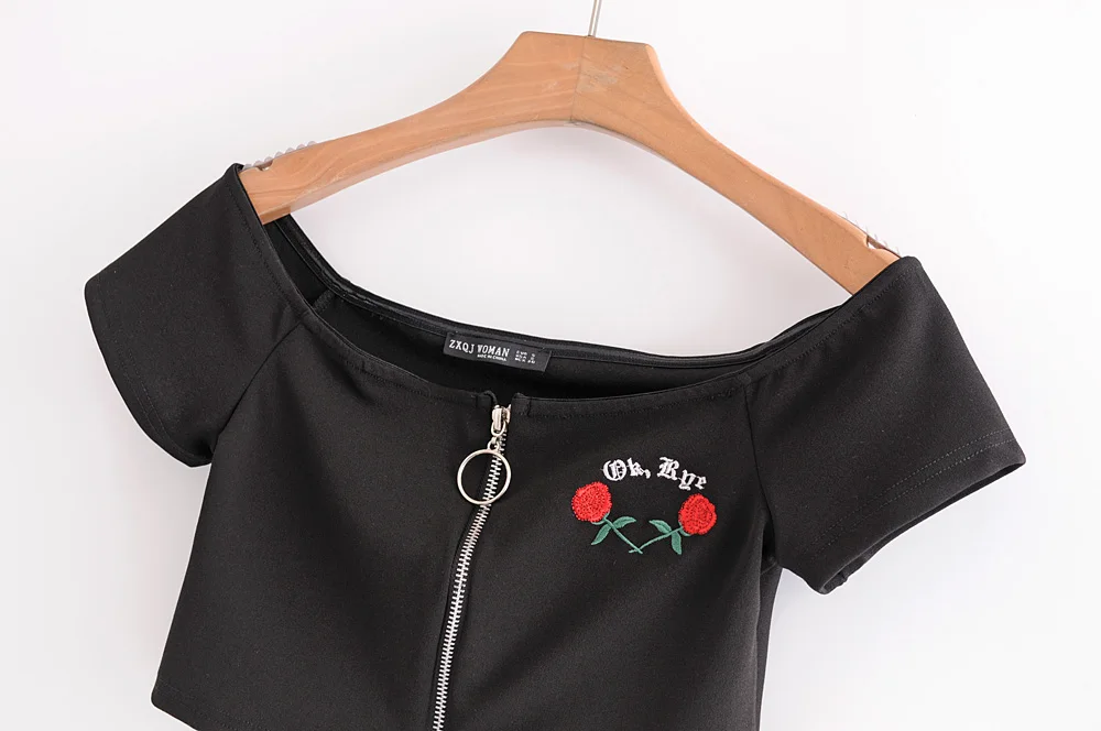 Женские черные короткие топы, Цветочная вышивка танки Slash шеи Camis красная роза Сексуальная Передняя молния Танк SML Прямая