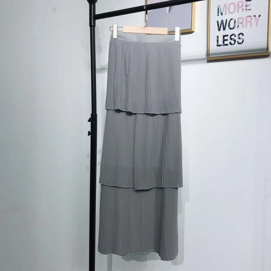 gray Skirt Новая гофрированная Макси-юбка с высокой талией, тянущаяся шифоновая мусульманская полуюбка мусульманская одежда для Дубай, мусульманская женская Многоуровневая длинная юбка - Цвет: gray Skirt