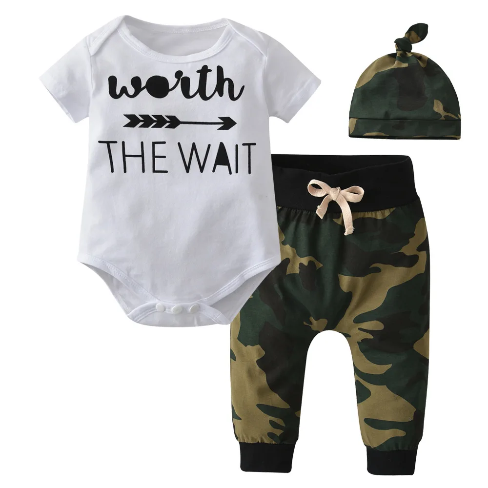 Fashion Newborn Baby Boy Clothes Infant Boys Letter Bodysuit Camouflage Pants and Hat Toddler Outfits 3Pcs Set |