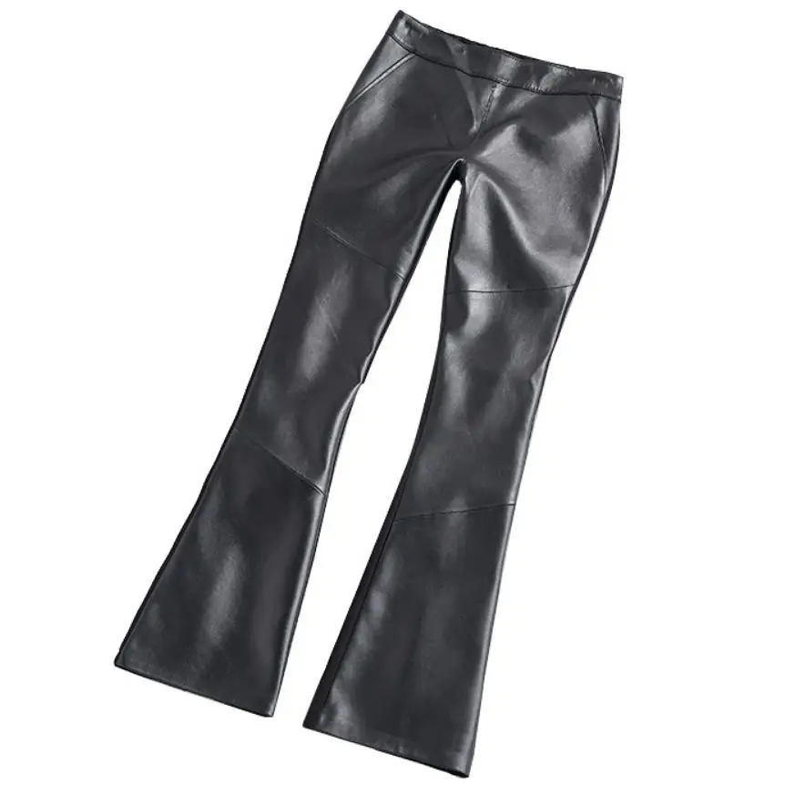 Winter Fashion Women Genuine Leather Pants Sheepskin Stitching Flared Pants Real Leather Pants Female Ankle-Llength Pants L1793