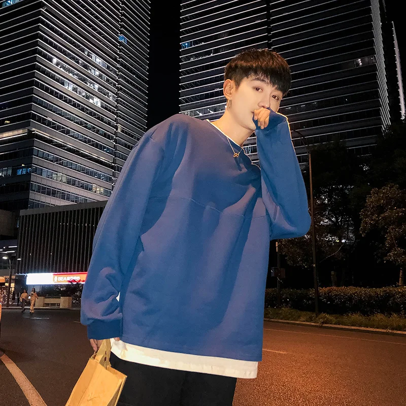 Autumn-style fake two-piece men's round collar loose fashion BF wind ulzzang jacket | Мужская одежда