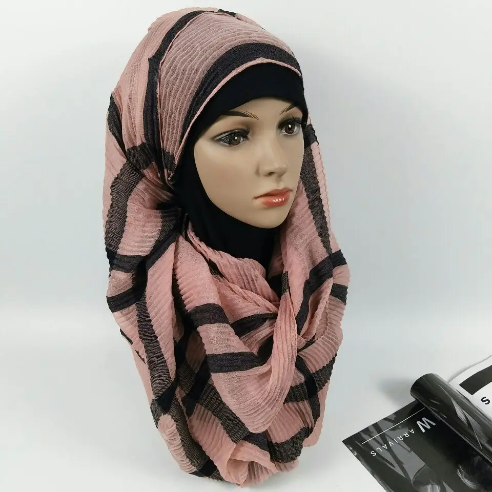 K23 Высококачественная в полоску crinkle вискоза хиджаб шаль на голову шарфы для