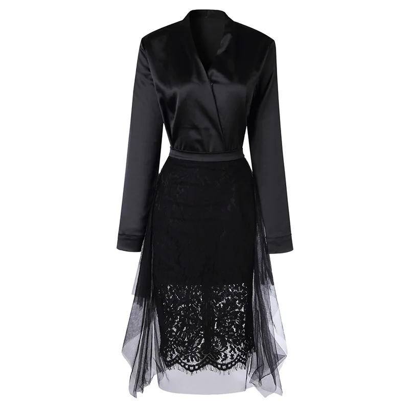 2 Piece Set Spring Women Black Full Sleeve V Neck Shirt Top and Mesh Patchwork Lace Midi Skirt Office Two Vestidos |