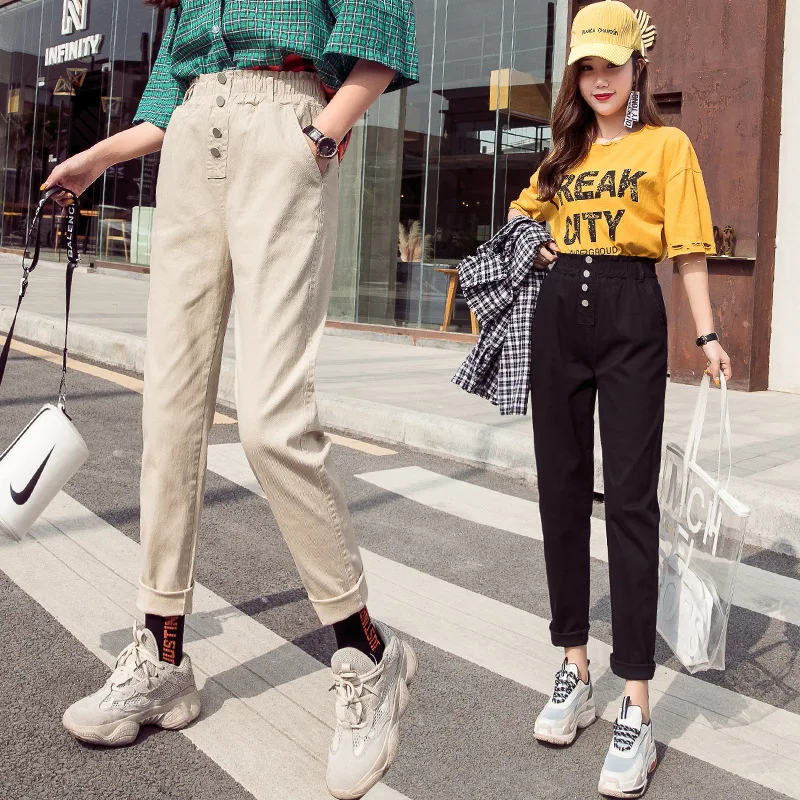 Solid High Waist Loose Women Harem Pants Fashion Button Pockets Trousers Summer Ankle-Length Harajuku Joggers | Женская одежда