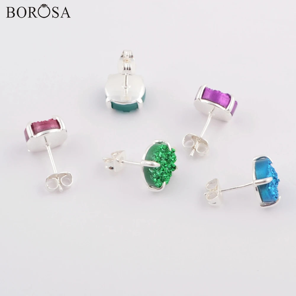 Круглые серьги-гвоздики BOROSA серебряного цвета 10 мм с натуральным агатом друзой