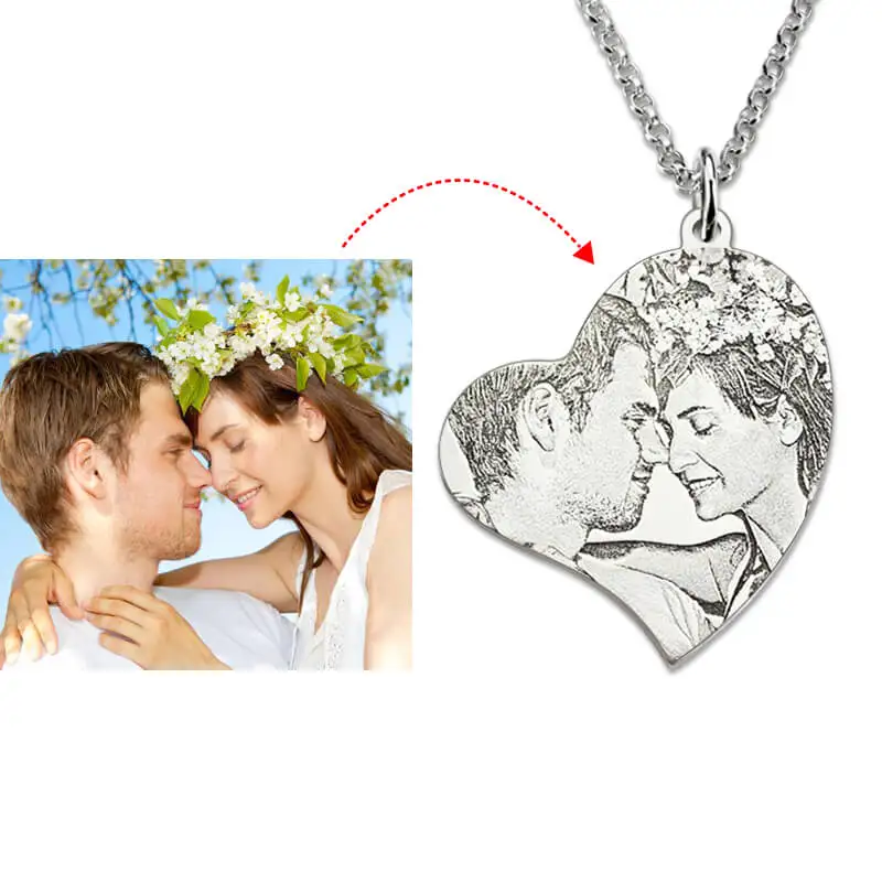 

AILIN Personalized Photo Engraved Necklace in Silver Heart Pendant Necklace Custom Picture Gift Portrait Necklace