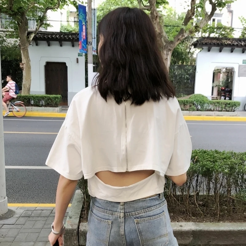 

2021 Spring Summer Tee Shirt Korean Style Ulzzang Harajuku T-shirt Women Solid Zipper Backless Short T-shirts Female Clothing