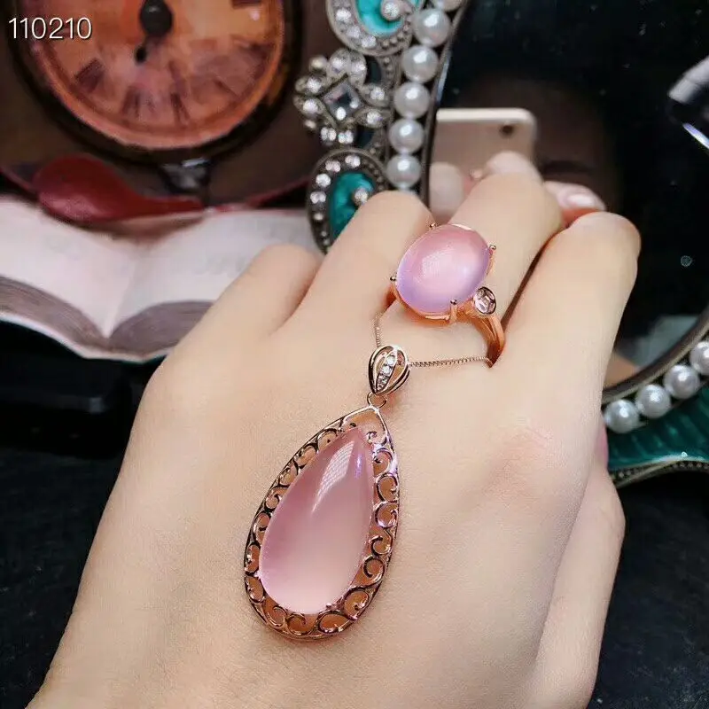 

MeiBaPJ Natural High Quality Pink Rose Quartz Fine Jewelry Set 925 Pure Silver Necklace and Ring Suit for Women