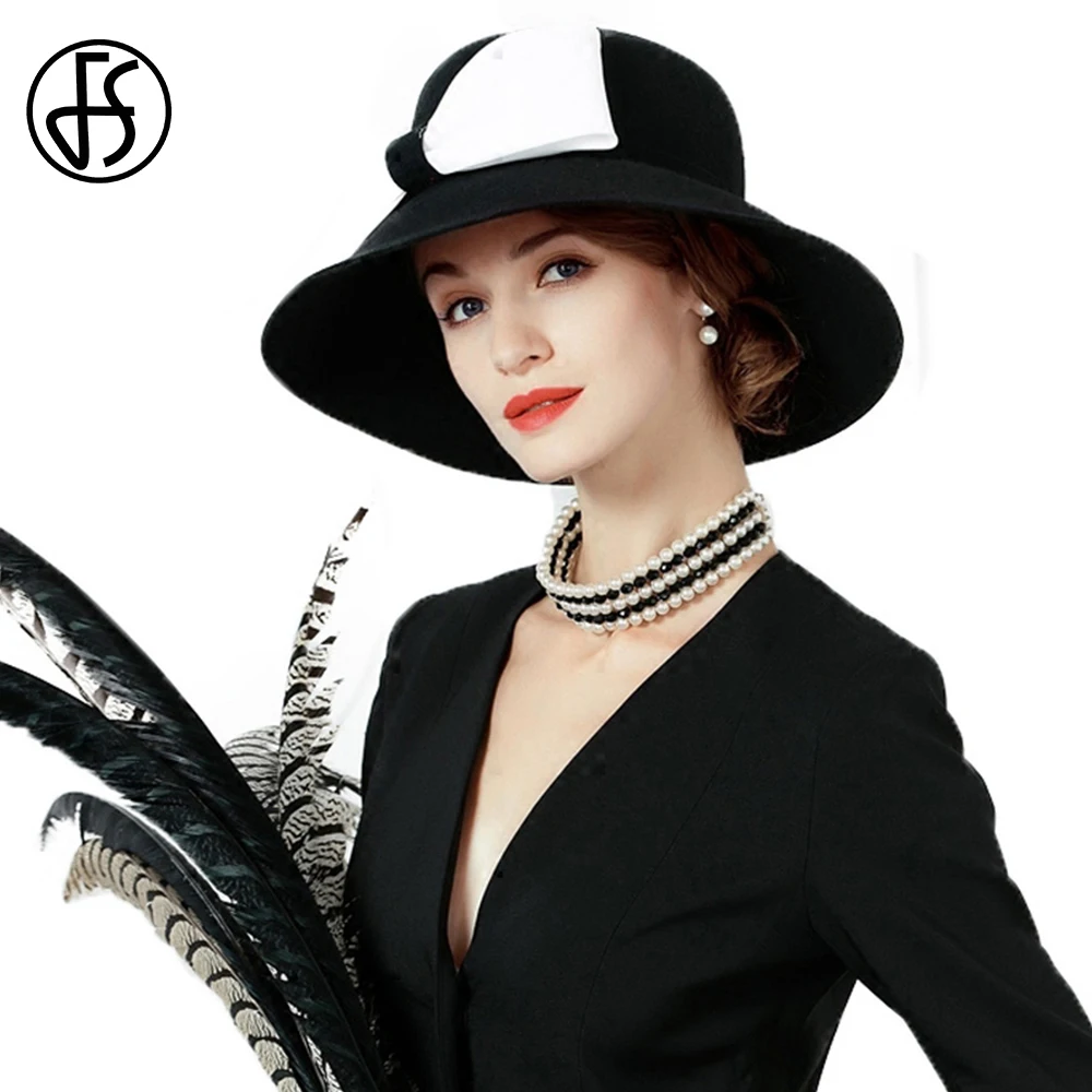 FS British Style Wool Elegant Hat For Women With Bowknot Black Felt Ladies Church Hats Wide Brim Fedora Chapeau Femme Feutre