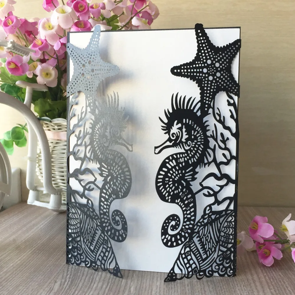 

30pcs X Pearl paper Sea Beach Wedding seahorse Shell Birthday party decoration laser cut wedding invitation card greeting card