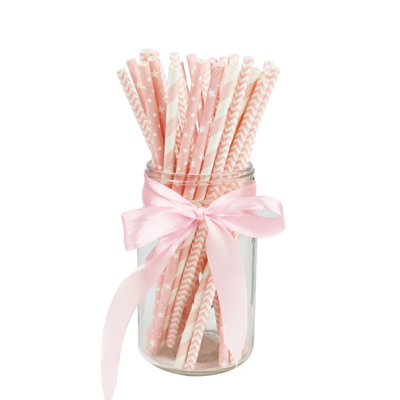 

100pcs/lot Pink Party Paper Straws Baby Shower Wedding Birthday Party Decorations Degradable Paper Drinking Straw Party Supplies