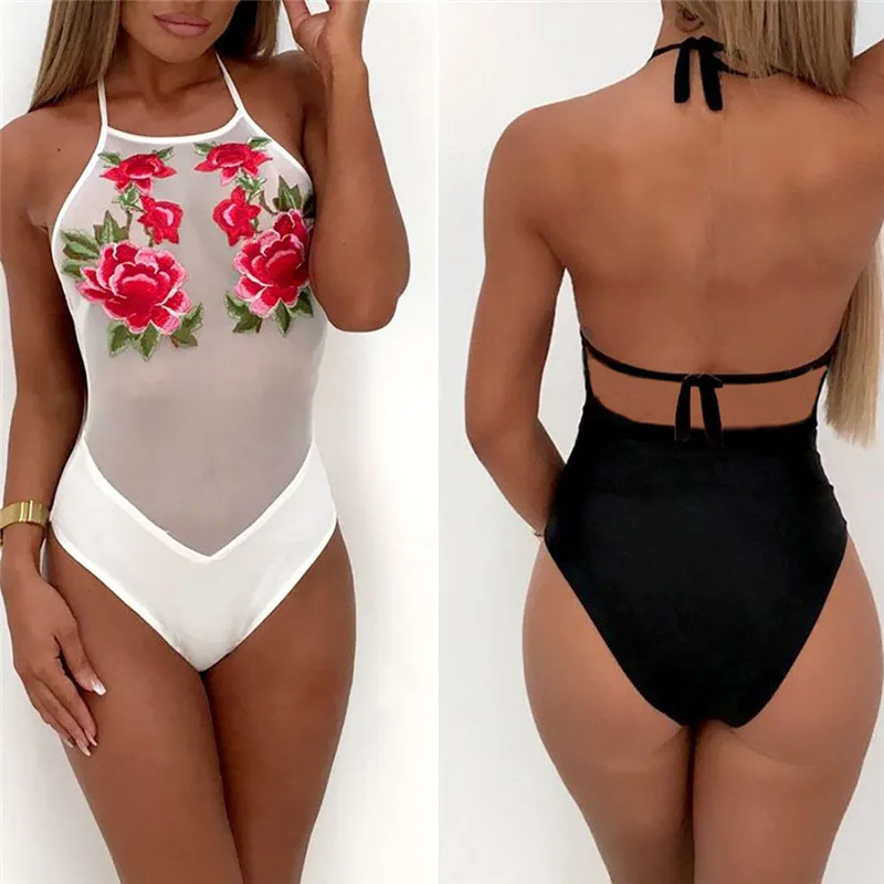 Женское Прозрачное Бикини Цельный купальник 2018 новый женский цветочный Бандаж с