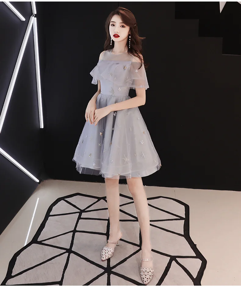 Homecoming Dresses Gray Short A Line Graduation Dress Junior Illusion Neck Special Occasion Dress Gown In Stock Real Photo DQ944