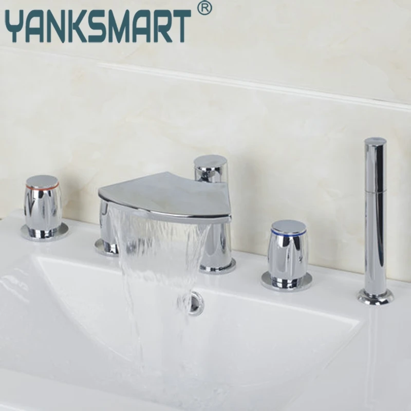 

Bathtub Torneira Waterfall Bathroom Chrome 5 Pieces 2 Lever 32GG1 Water Tap Basin Sinks Mixers Taps Faucets