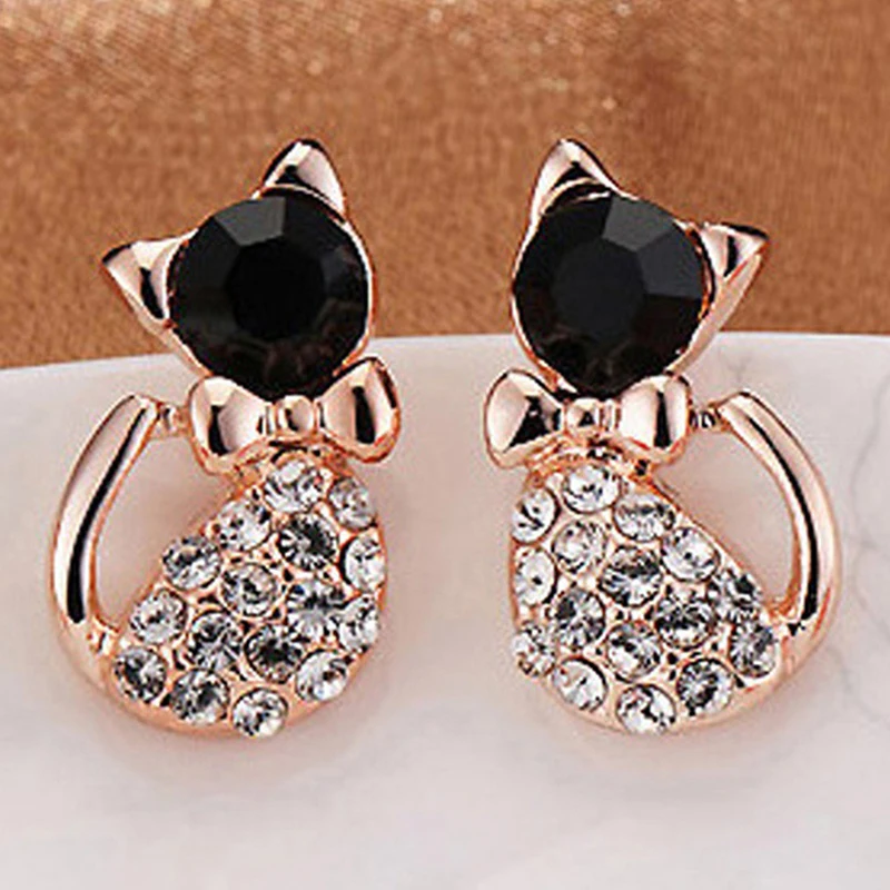 Pendientes New Brinco Fashion Animal Bijoux Cute Crystal Bow Gem Kitty Cat Stud Earrings For Women Wedding Girl Jewelry | Украшения и