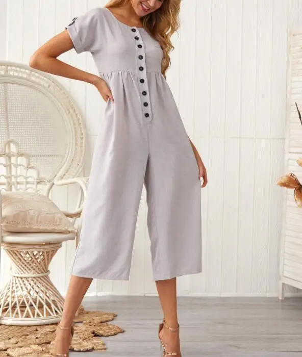 

Женский однотонный комбинезон на пуговицах, прямой комбинезон из хлопка и льна с широкими штанинами, лето 2021