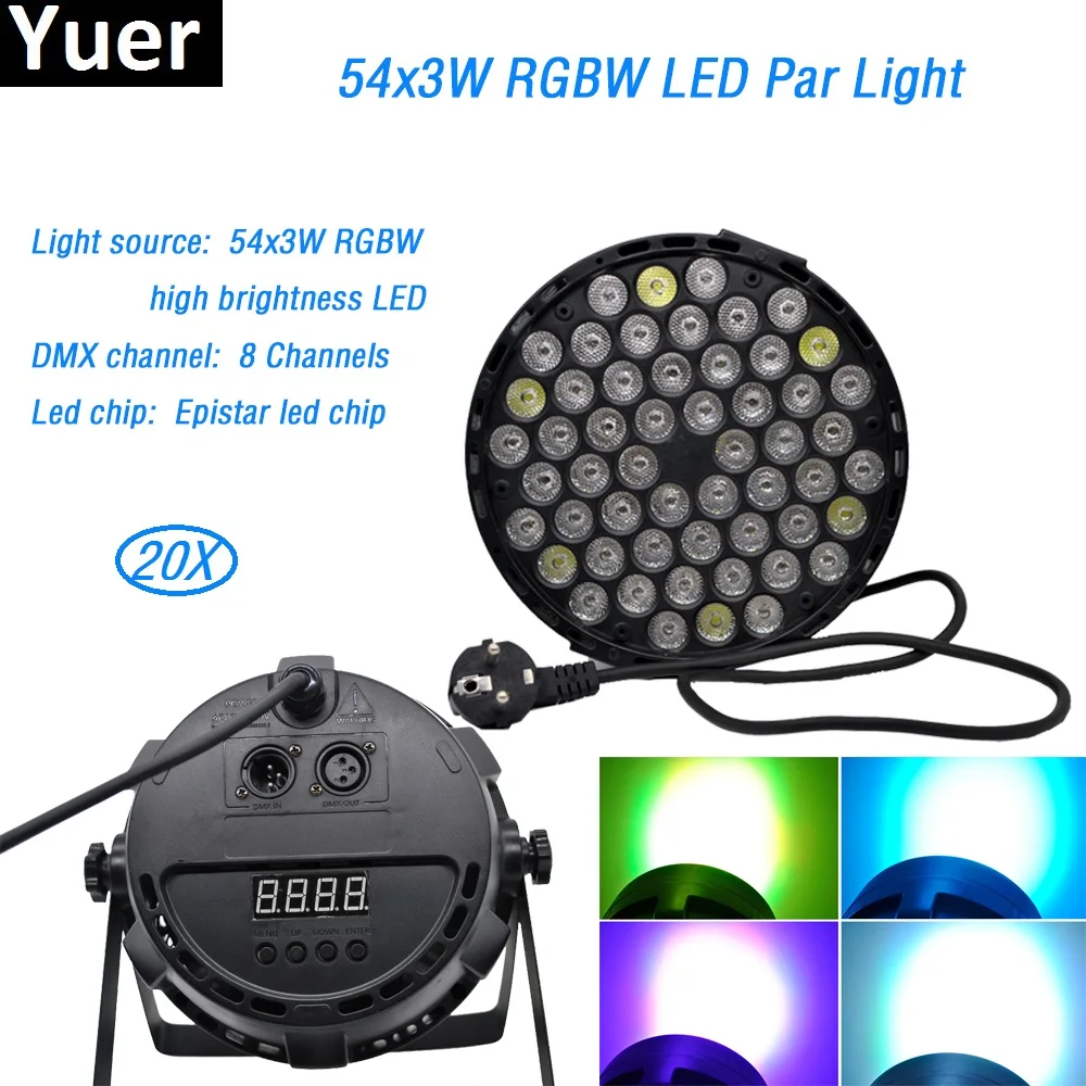 

20 шт./лот LED Par light 54x3 Вт Высокая мощность RGBW цвет Par Light DMX512 DJ оборудование контроллер Светодиодные полосы диско сценический светодиодный свет...