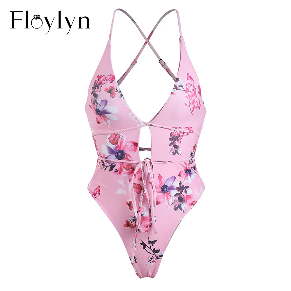 Exclusive Design Sexy Floral Print Swimsuit Women Bandage Backless One Piece Halter Top Beachwear Swimwear Bathing Suit |