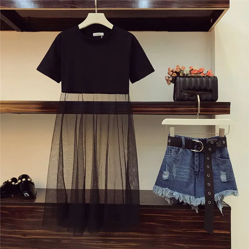 Комплект из 2 предметов Женский черная длинная Сетчатая футболка в стиле пэчворк